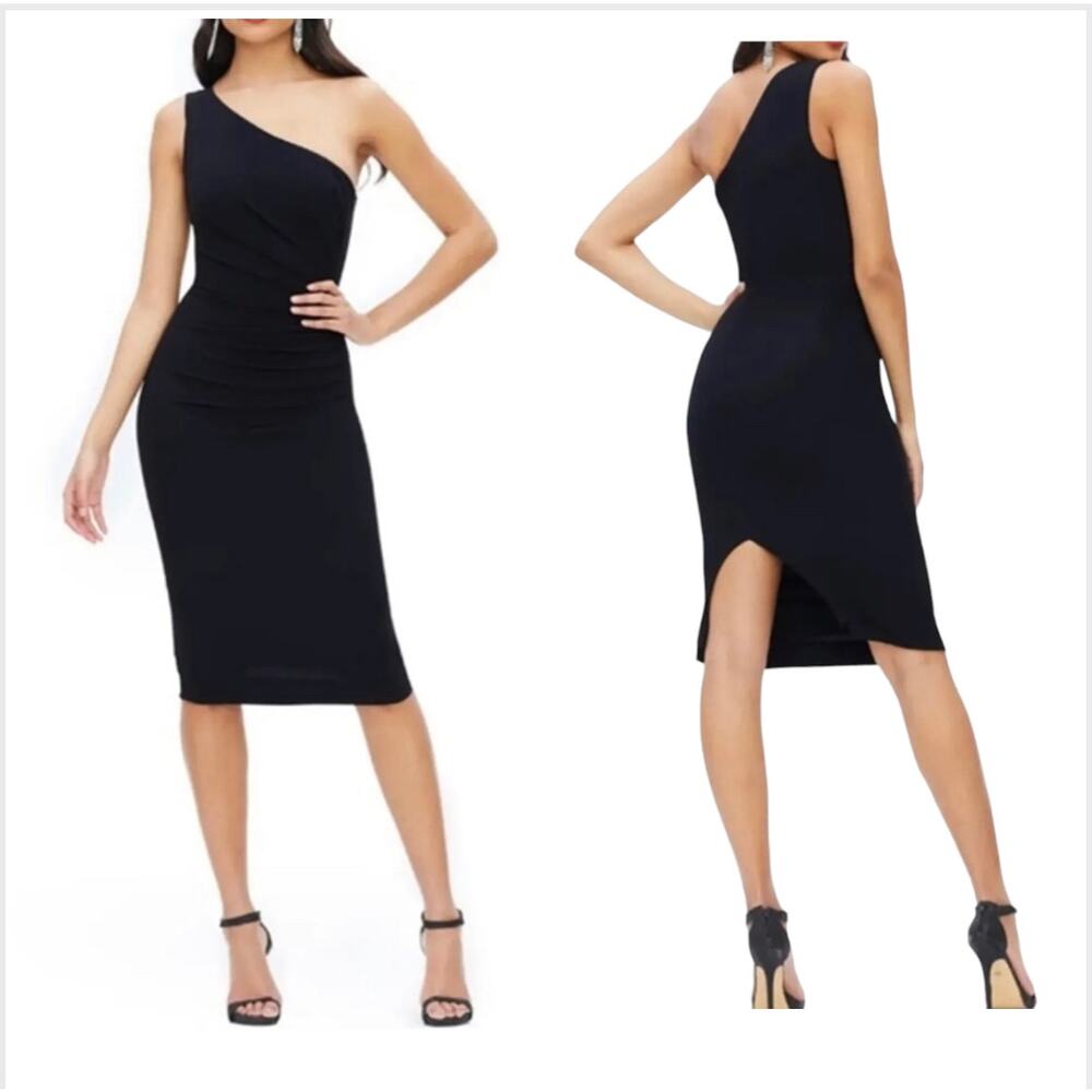 Dress The Population Martine Dress Sz XS Black One Shoulder Crepe Stretch Ruched